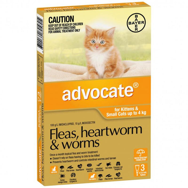 Advocate For Kittens/Cats Fleas, Heartworm & Worms - up to 4kg (3 x 0.4ml Tubes)