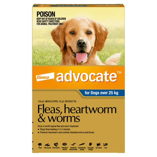 Advocate For Dogs Fleas, Heartworm & Worms - over 25kg (3 x 4.0ml Tubes)