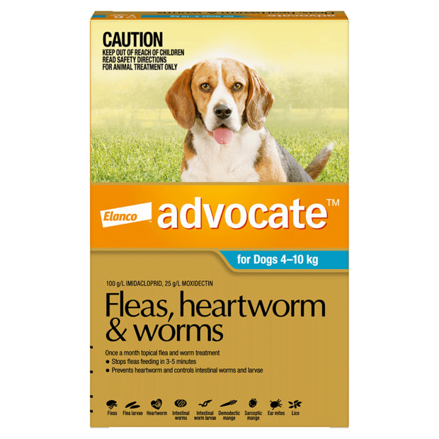 Advocate For Dogs Fleas, Heartworm & Worms - 4kg to 10kg (3 x 1.0ml Tubes)