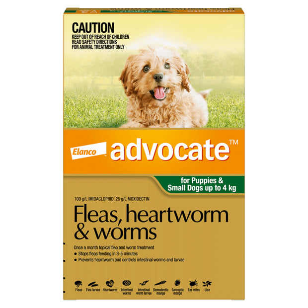 Advocate For Dogs Fleas, Heartworm & Worms- up to 4kg (1 x 0.4ml Tube)